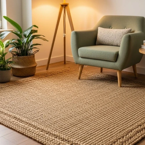 jute rug on a wooden floor in a cozy living room with plants and a green armchair.