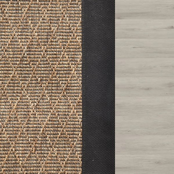 Close-up of a brown sisal rug with a diamond weave pattern and a thick black fabric border on a light wood floor (1)