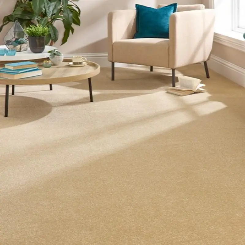 Warm honey-toned carpet in a sunlit living room with beige armchair and round coffee table